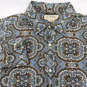 J Crew Mens Long Sleeve Button Down Shirt Paisley Print Blue Brown Size L